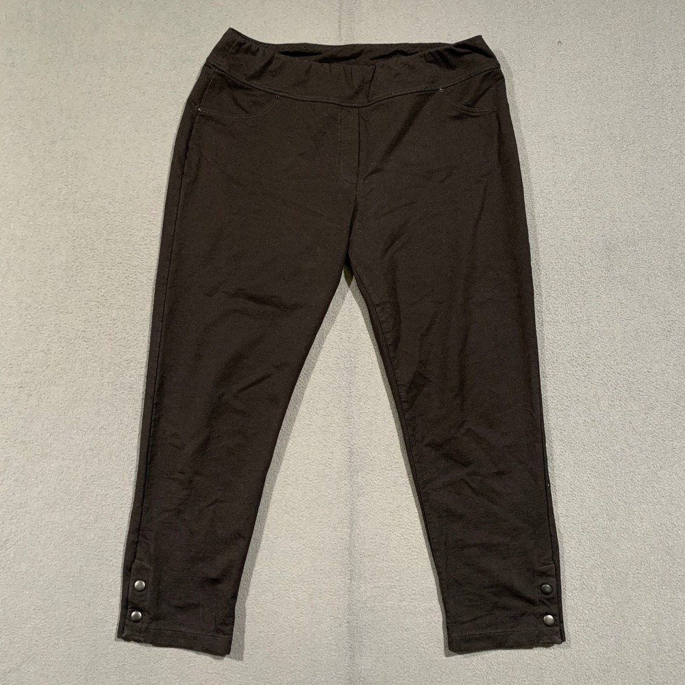 Dolcezza Capri Pants Women Large Black Pull On Snap Hem Cropped Tapered Leg 553
